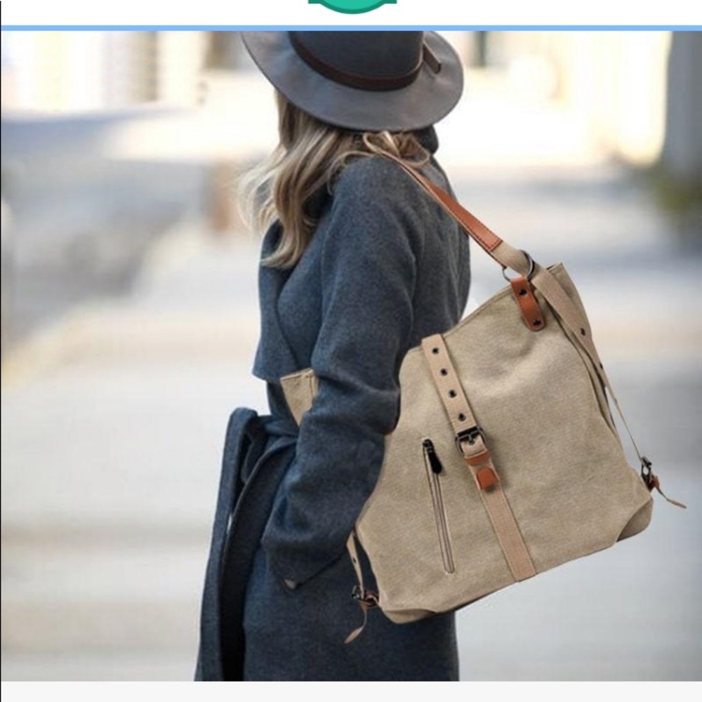 Tan canvas tote backpack shoulder bag